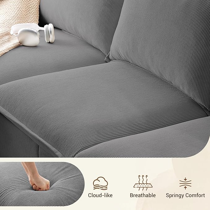 3 Seater Corduroy Couch, 89" Comfy Couch with Deep Seat, Modern Sofa Couch for Living Room, Office, Bedroom, Apartment (Pillows not Included) | Breathable material, Pet - friendly, Strong support