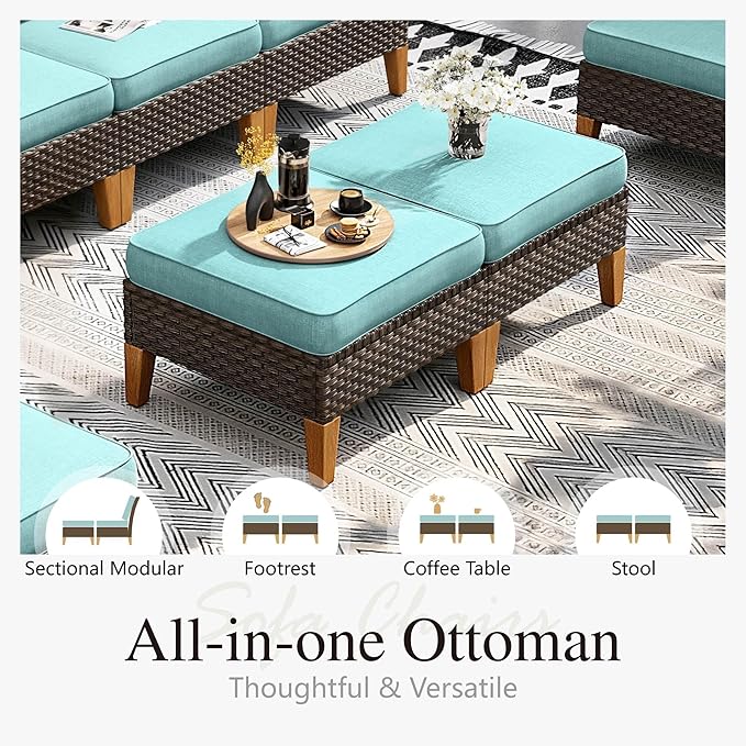 Sophia & William Patio Furniture Set with 56" Fire Pit Table, 10PCS Outdoor Wicker Sectional Conversation Set with 3-Seater Sofa, 2-Seater Couch, 2 Ottoman & FirePit Table(Aqua Blue)