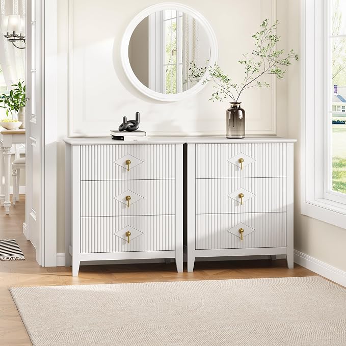 GarveeHome 2Pcs Wood Nightstand Fluted Dresser for Bedroom, 27.5" Wide 3-Drawer Bedside Tables, Modern Chest of Drawers, Storage End Table Living Room, Hallway, Entryway, White - Image 8
