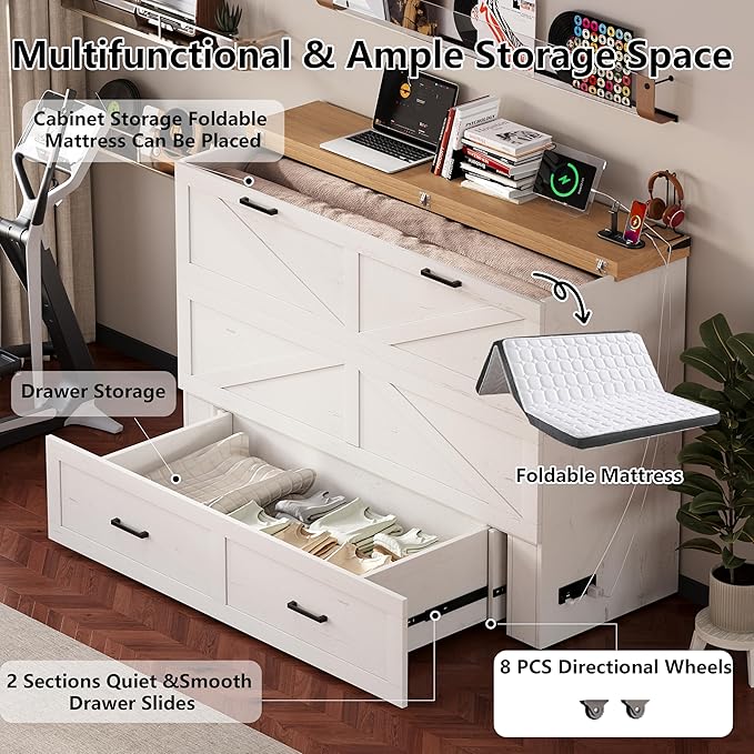 Bellemave Queen Murphy Bed, Cabinet Bed with Charging Station and 1 Large Storage Drawer, Farmhouse Murphy bedframe with Foldable Panel, Noisy Free, for Guest Bedroom, Living Room, White