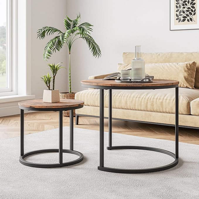 HOJINLINERO Small Coffee Table Living Room, Black Round Coffee Table Nesting Table Set of 2,Metal Frame with Wood Sofa Table,Sturdy and Easy Assembly,Stacking Side Table for Bedroom,Office,Balcony