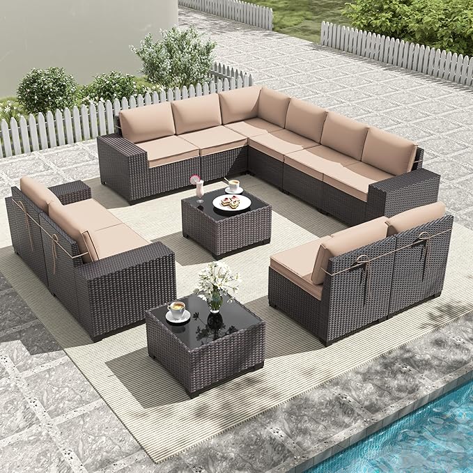 Gotland 12 Pieces Patio Furniture Set, Wicker Outdoor Sectional with Wide Armrests 29.5'' High Backrest 4'' Thick Waterproof Cushions, Oversized Patio Furniture for Deck Garden Khaki