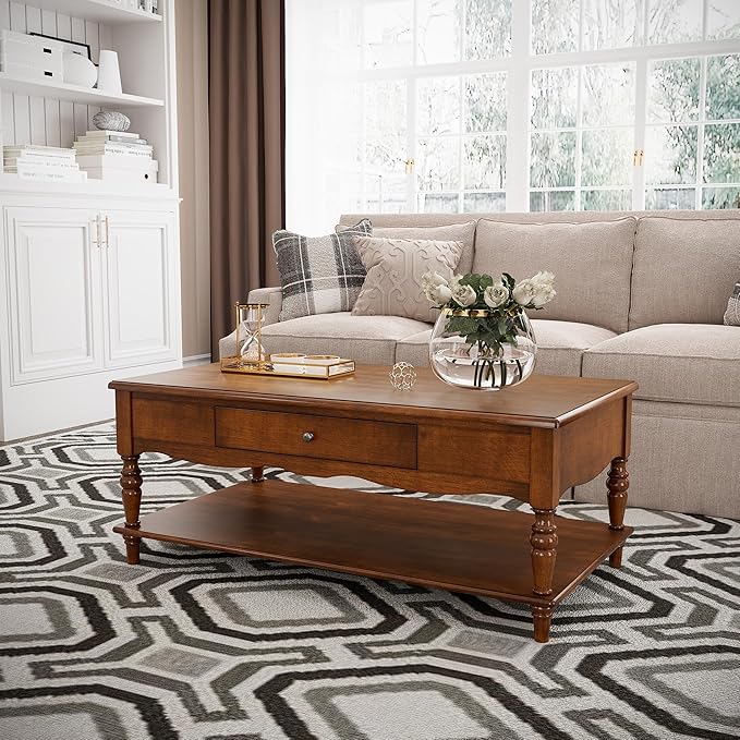Rectangular Coffee Table with 2 Storage Drawers, Mid-century Solid Wood Living Room Table with Carved Leg, Elegant Vintage Center Table, No-Tools Assembly, 43.3”L x 23.6”W x 18”H Caramel Brown KFZC008