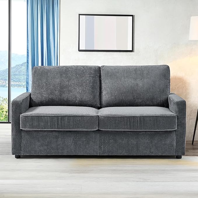 Reversible Sleeper Sofa Bed with Comfortable Memory Foam Mattress, Convertible Corduroy Full Size Pull Out Couch for Living Room, Space Saving Furniture, 70" Wide, Rectangular Arms, Grey