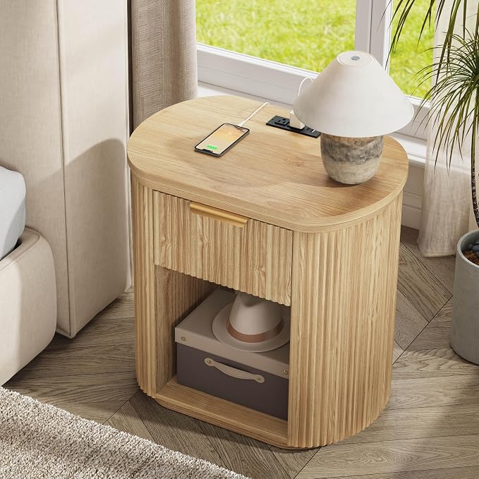 Fluted Nightstand with Charging Station, 23.6" Large Bedside Side Table with Drawer, Wood End Table with Storage, Curved Round Corner, Furniture Bedroom Sofa, Mid Century Modern, Farmhouse Boho,Oak - Image 9