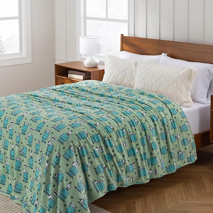 Berkshire Peanuts® VelvetLoft® Cute Character Snoopy Plush Blanket,Regular Snoopy Dog House Poses & Paws Closed in Sage,King 90 in x 108 in (Official Peanuts® Product)