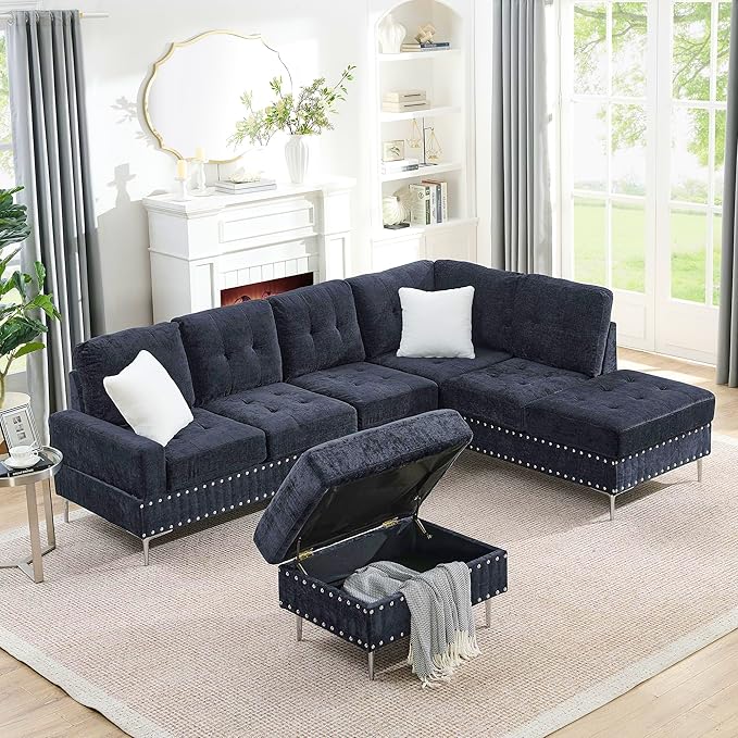 ERYE 102-Inch L-Shaped Corner Sectional Sofa Chenille Upholstered Tufted Corner Sofa Couch with Storage Ottoman and Nailhead Decor,Modern L-Shaped Convertible Couches