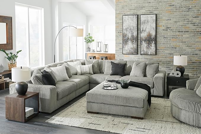 Signature Design by Ashley Lindyn Contemporary Oversized Accent Chair with 360-Degree Swivel, Feather Blend Throw Pillows, Corded Fabric, Gray