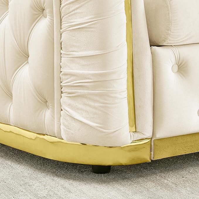 KEIKI 2-Piece Luxury Chesterfield Sofa Set with 1 Velvet 3-Seater Sofa & 1 Loveseat Sofa, 5-Seater Couch Set with 4 Pillow, Gold Stainless Decoration and Rolled Arms, for Living Room, Beige