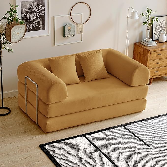 63'' Convertible Compressed Corduroy Folding Sofa Bed, Modern Modular Boneless Pull Out Loveseat Sleeper in a Box, 5 in 1 Floor Mattress Futon Couch, No Assembly Needed, Yellow, 2 Pillows, Queen