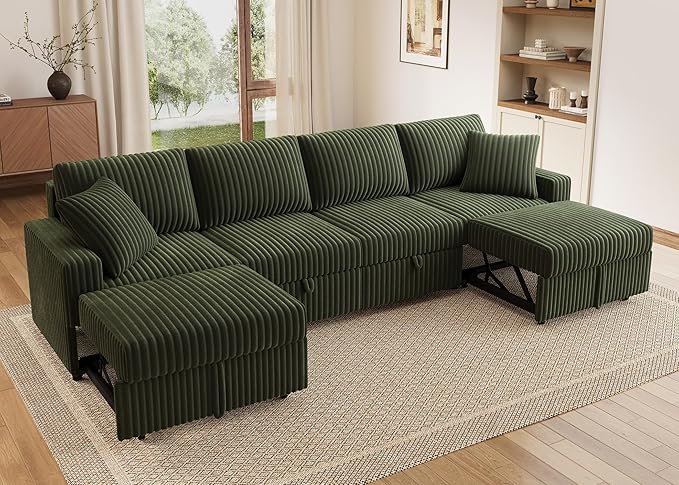 HONBAY 121.3 Inch Modular Sectional Sofa, L & U Shaped Pull Out Couch with Adjustable Backrest & Storage, Velvet Green
