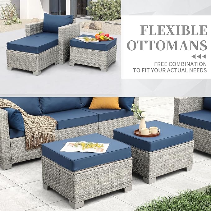 WAROOM Patio Furniture Set 7 Piece Grey Wicker Outdoor Conversation Sets PE Rattan Sectional Sofa with Storage Coffee Table and Anti-Slip Navy Blue Cushion