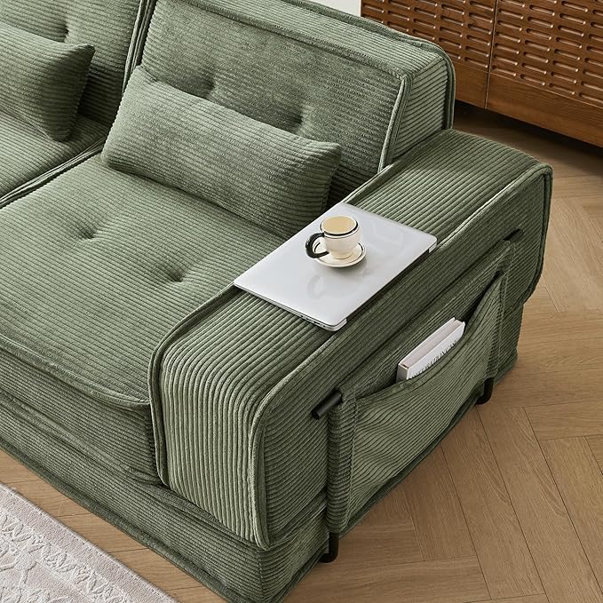 Modular Sofa Bed, No Assembly Required Sectional Couch for Living Room, Compressed Cloud Couch with Corduroy Fabric & Lumbar Pillows, Small Space Furniture Green