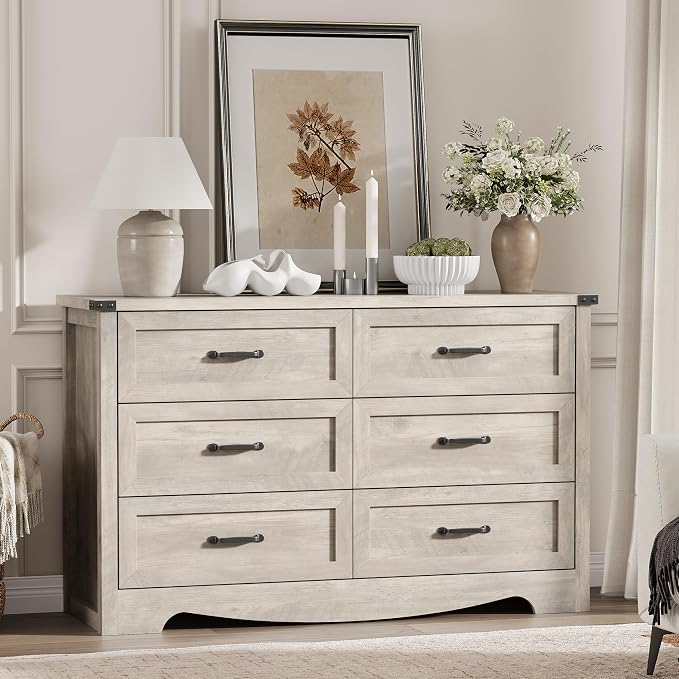 Dresser for Bedroom with 6 Drawers, 48" Wide Wood Chest of Drawers with Deep Drawers & Mental Handle, Modern Dresser TV Stand, Wooden Closet Storage Organizer for Living Room, Hallway, Entryway, Grey - Image 8