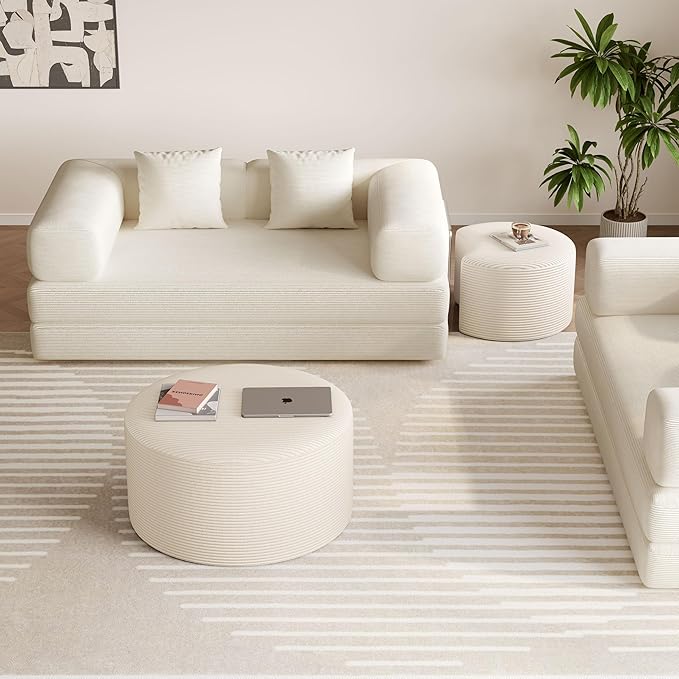 Round Coffee Table Set of 2, Movable Ottoman for Corduroy Cloud Sectional Couches Circle Foam Round Side Table for Living Room, Entryway Set, 32"+17" Footrest No Assembly (Beige, 32"+17")