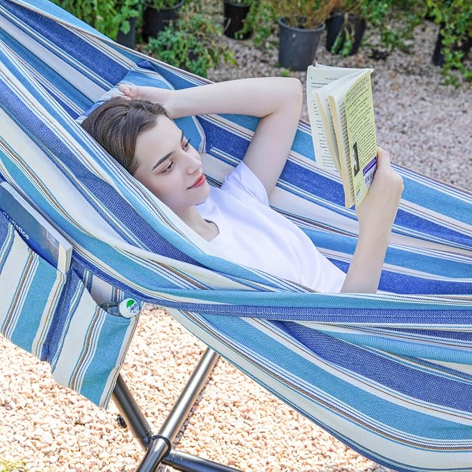 PNAEUT Double Hammocks with Stand for Outside, Portable Space Saving Heavy-Duty Steel Stand for Indoor Outdoor Patio with Carrying Bag, 450 lbs Capacity (Lightblue) - Image 6