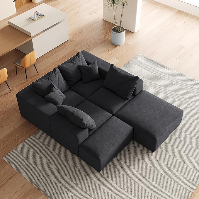 KEIKI 132" Boneless Sofa with Ottoman, L Shaped Corner Couch, Upholstered Corduroy Free Combination Sectional Couch for Living Room, Bedroom, Black