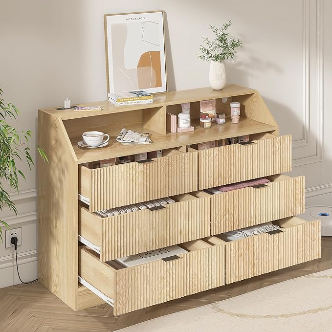Women Bedroom Furniture Set of 2 Fluted Dresser and Makeup Vanity Desk with Charging Station Wood Dressing Table with 3 Lighting Modes and Accent Fluted Drawer Dresser for Women's Bedroom