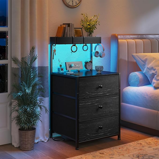 EnHomee Tall Night Stand Set of 2, Nightstand with Charging Station and Led Nightstand with 3 Drawers, Bedside Table with Drawers and Outlets, for Bedroom,Entryway, Hallway, 4 Hooks, Black - Image 7
