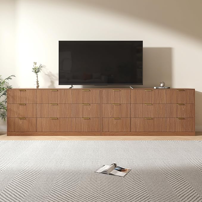 Dresser for bedroom Set of 2, Long Dresser with 18 Drawers, Fluted Modern Bedroom Furniture Set, TV Stand Dressers & Chests of Drawers for Closet, Natural Wood (15.7"D x 125.8"W x 31.8"H)