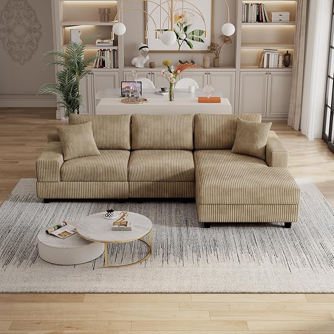 ERYE L-Shaped Reversible Chaise Sectional Sofa Corduroy Upholstered Corner Tufted Sofa Couch with Reversible Chaise Lounge,Headrests,Removable Armrests and 2 Pillows
