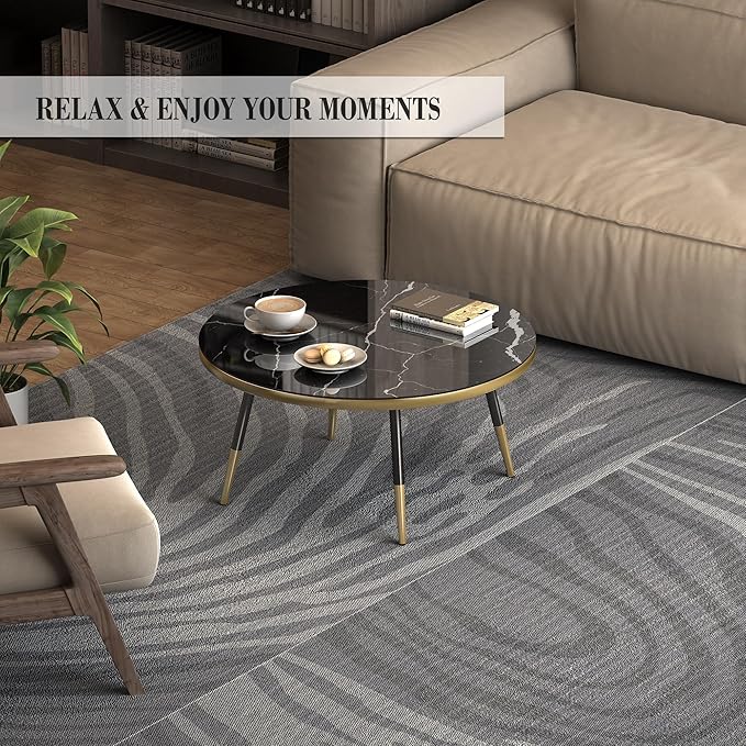 Round Coffee Table, Black Coffee Table for Living Room, Balcony 31.5" x 15.8" Space-Saving Black Marble-Textured Top, Sturdy Metal Frame with Black & Gold Finish | Premium Baked Paint, Easy Assembly