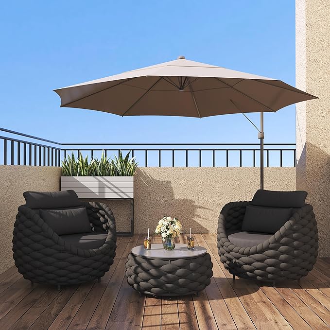 TWT Aluminum Patio Furniture Set Three Seater Sofa Outdoor Furniture Set w/Coffee Table,Patio Conversation Set with Hand Woven Polyester Rope for Bedroom Backyard Poolside, Dark Grey