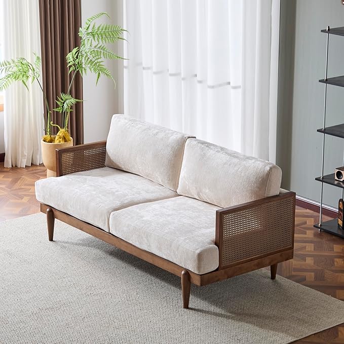 Merax 72" Spacious 2-Seater Sofa Couch with Armrests, Cane Rattan Wooden Frame Loveseat Sofa for Living Rooms, Bedrooms, Apartment, Office (Walnut+Beige)