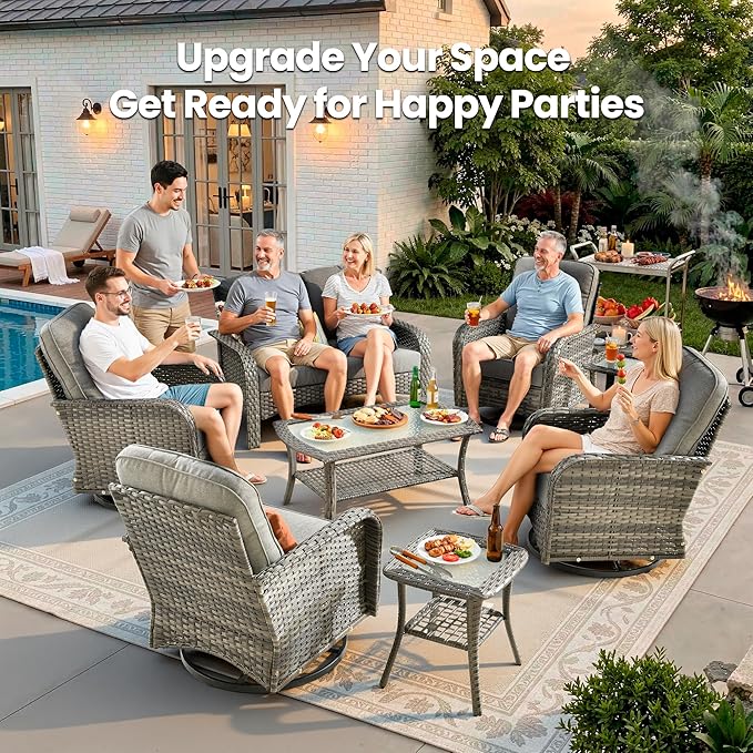 Weaxty 8 Pieces Outdoor Patio Furniture Sets with Swivel Rocking Patio Chairs and Loveseat Sofa,Coffee Table,All Weather Wicker Conversation Set for Deck Backyard Porch Poolside, Dark Gray