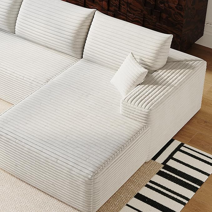 107" Oversized White Cloud L Shaped Sofa - Plush Corduroy Big Couch for Living Room Bedroom Apartment, Right Facing Chaise, No Assembly Required