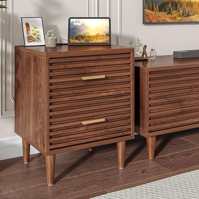 Whalefall Night Stands with Charging Station, Mid Century Modern Nightstand, Fluted Bedside Table with Drawer, End Table Bed Side Tables for Bedroom, Accent Tables with Wood Legs, Brown 1pc - Image 9