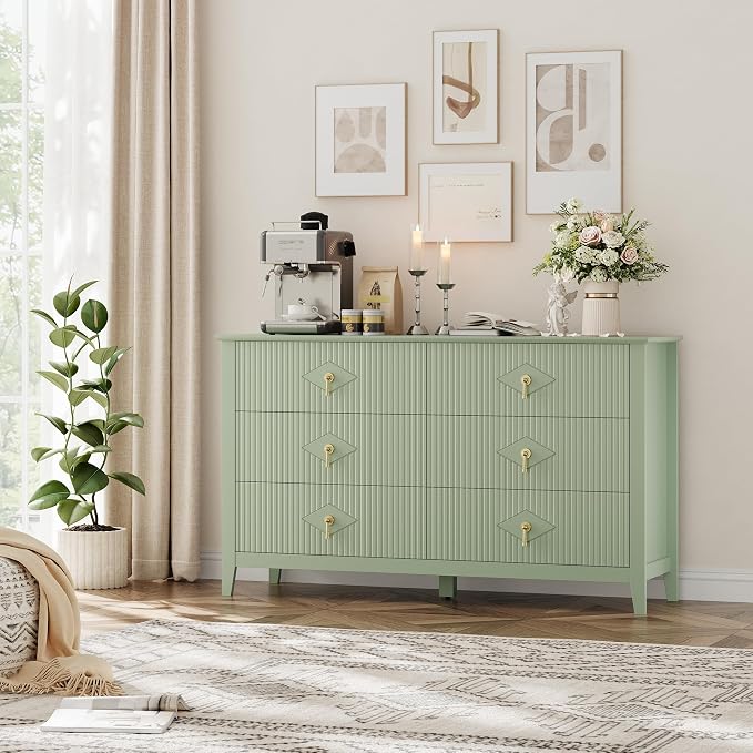 GarveeHome Fluted Dresser for Bedroom, 54 Inch Wide 6-Drawer Wood Dresser, Modern Chest of Drawers, Storage Organizer Cabinet for Living Room, Hallway, Entryway, Green - Image 8