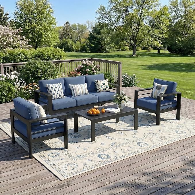 Solaste Aluminum Outdoor Patio Furniture Set, 5 Seats Patio Sectional Sofa with 5" Thick Cushion, Outdoor Patio Set with Coffee Table for Porch, Backyard, Deck, Yard, Blue - Image 9