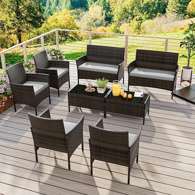 KOTEK 8 Piece Patio Furniture Set, Wicker Patio Set with Loveseat, Wicker Chairs, Tempered Glass Coffee Table, Outdoor Rattan Conversation Set for Backyard, Porch (Grey)