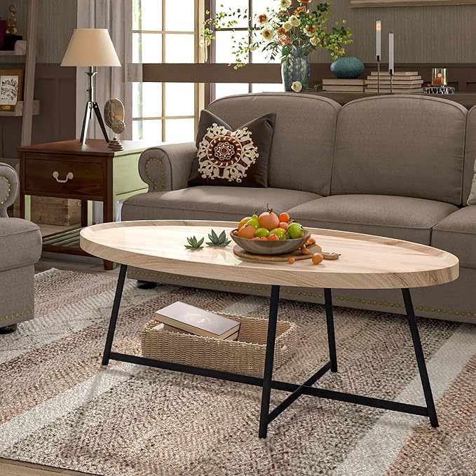 Modern Coffee Table, Oval Wood Coffee Tables Center Table with Metal Leg for Living Room, 47 Inch Living Room Table Accent Furniture (Oval Coffee Table, Nature-2)