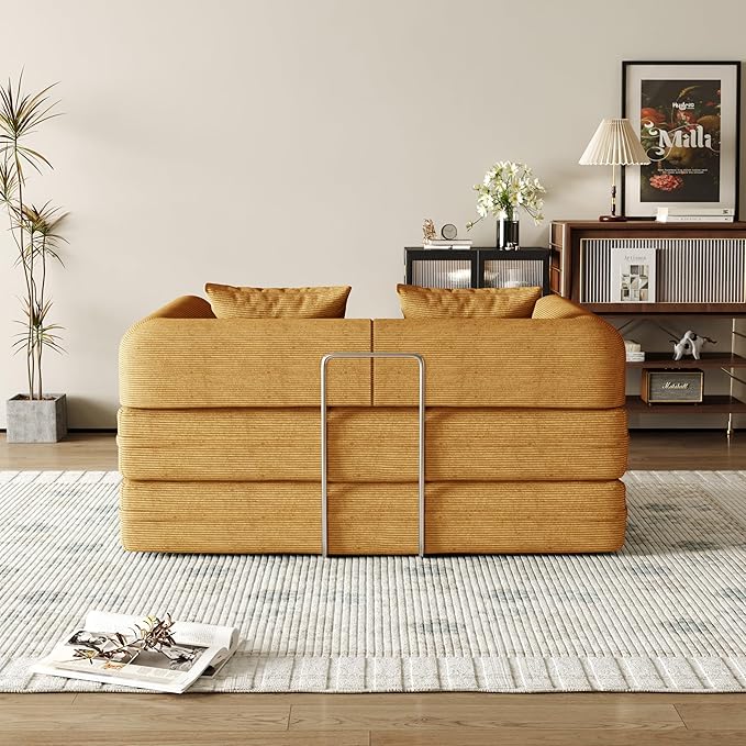 53.15'' Convertible Compressed Corduroy Folding Sofa Bed, Modern Boneless Pull Out Loveseat Sleeper in a Box, 4 in 1 Floor Mattress Futon Cloud Couch, No Assembly Needed, Yellow, 2 Pillows, Full