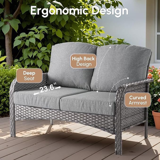 7 PCS Patio Outdoor Furniture Set with Swivel Rocking Chairs,All Weather Wicker Rattan Patio Seating Sofa and Chairs Set,Outdoor Conversaiton Sets for Deck Yard Prrch Garden Poolside,Dark Grey