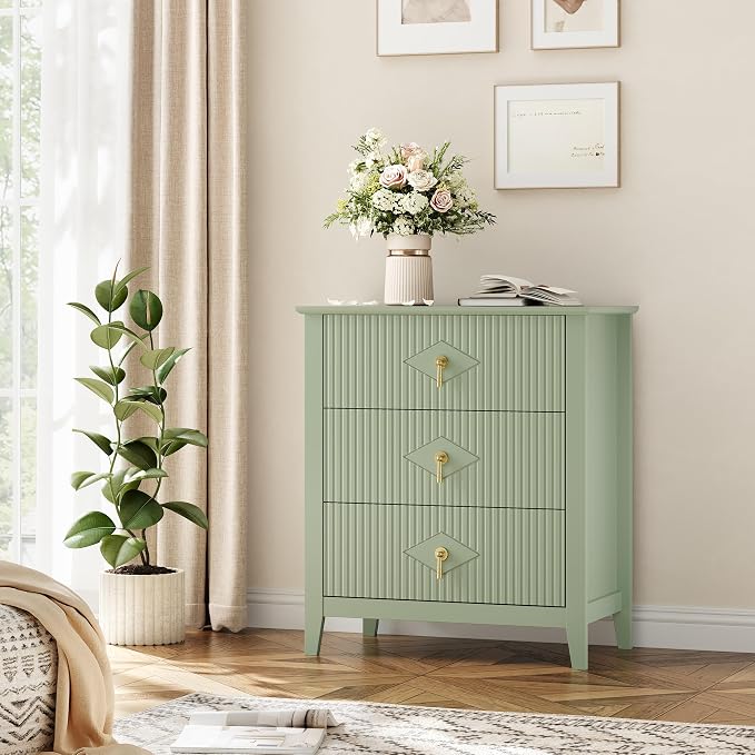 GarveeHome Fluted Dresser for Bedroom, 27.5" Wide 3-Drawer Wood Dresser, Modern Chest of Drawers, Storage Organizer Cabinet for Living Room, Hallway, Entryway, Green - Image 8