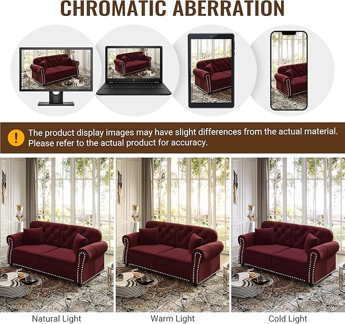 KEIKI 83" Velvet Chesterfield Sofa with Rolled Arms & Nailhead Trim & 2 Ottoman, Modern 3-Seater Button Tufted Couch with High Resilience Cushion & 3 Pillow, Easy Assembly, for Living Room, Burgundy