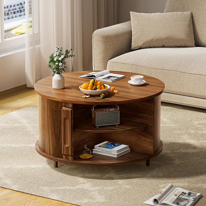 Round Lift Top Coffee Table, 31.5" Fluted Wood Accent Coffee Table with 180° Curved Sliding Door, Hidden Storage, Mid Century Modern Center Table for Living Room Office Small Spaces, Walnut