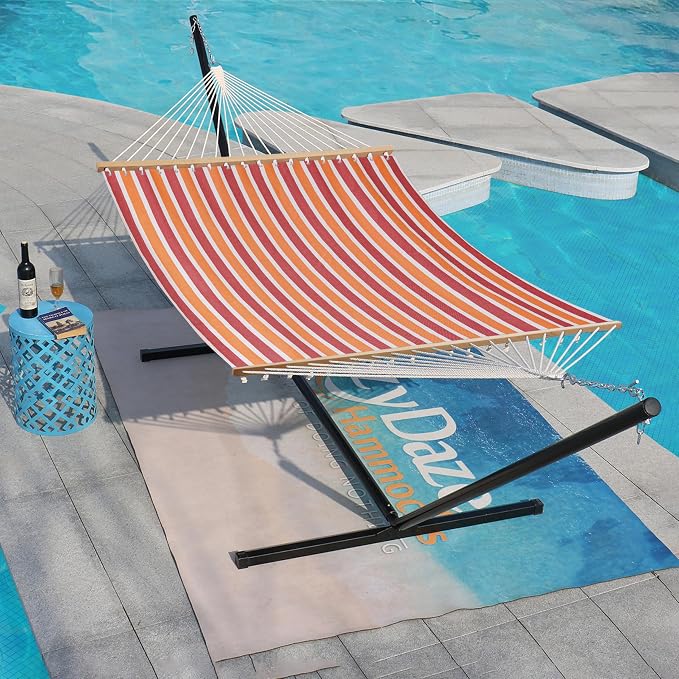 Lazy Daze Hammocks Quick Dry Hammock with Spreader Bar Textliene Fabric Double 2 Person Hammock with Chains Outdoor Patio Poolside Backyard Beach 450 lbs Capacity, Red Stripes - Image 6