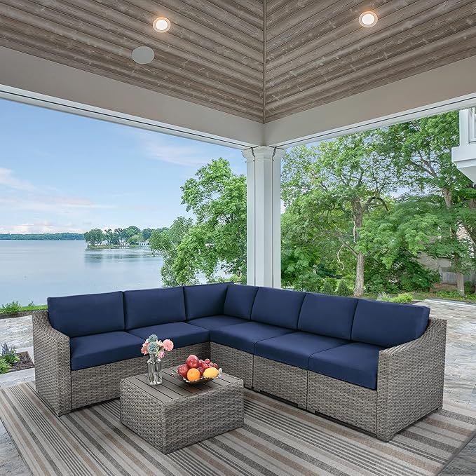 HAPPATIO 7 Piece Patio Conversation Set,Rattan Wicker Outdoor Sectional Sofa,All-Weather Patio Furniture Set,Multiple Combination Sofa. Patio sectional Set for Patio and Balcony.(Gray/Blue)