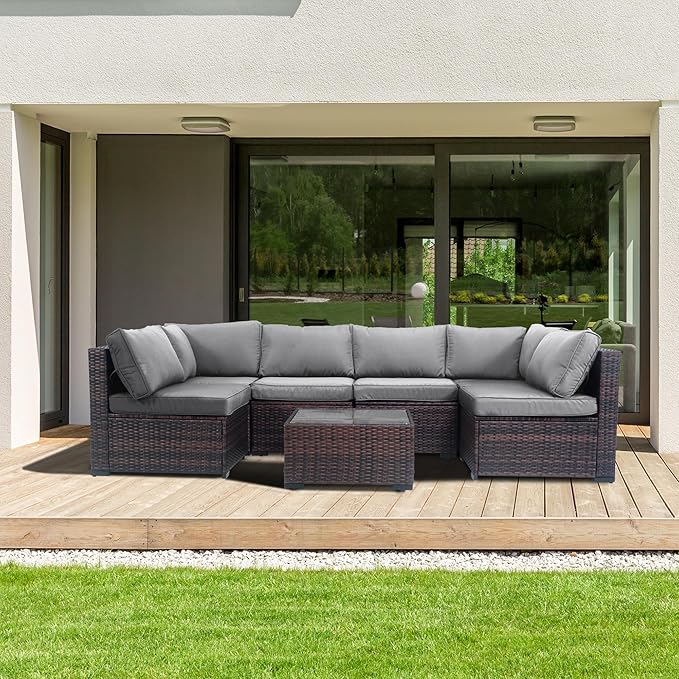 7 Piece Outdoor Patio Furniture Set, Rattan Weather-Resistant Outdoor Conversation Set, Outside Furniture Patio Sectional Sofa Set with Thick Cushions and Coffee Table, Gray