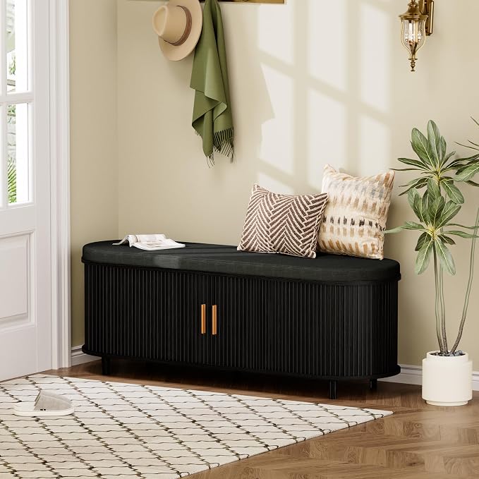 DHH 2-Tier Storage Bench,Wide Shoe Bench with Thickened Padded Seat Cushion, Mid Century Modern Fluted Sliding Door and Adjustable Shelf, for Entryway, Living Room, Bedroom (Black, 51.2”) - Image 9