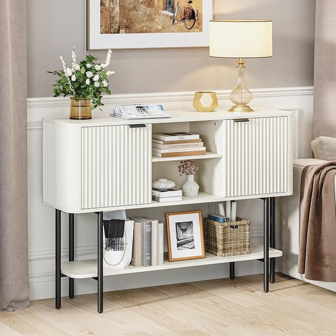Fatmok Fluted Console Table with Storage, 47" Long Entryway Table with with 2 Door Cabinets and Open Storage Shelf, Wood Sofa Table Behind Couch for Hallway Entrance Foyer Living Room, White - Image 8