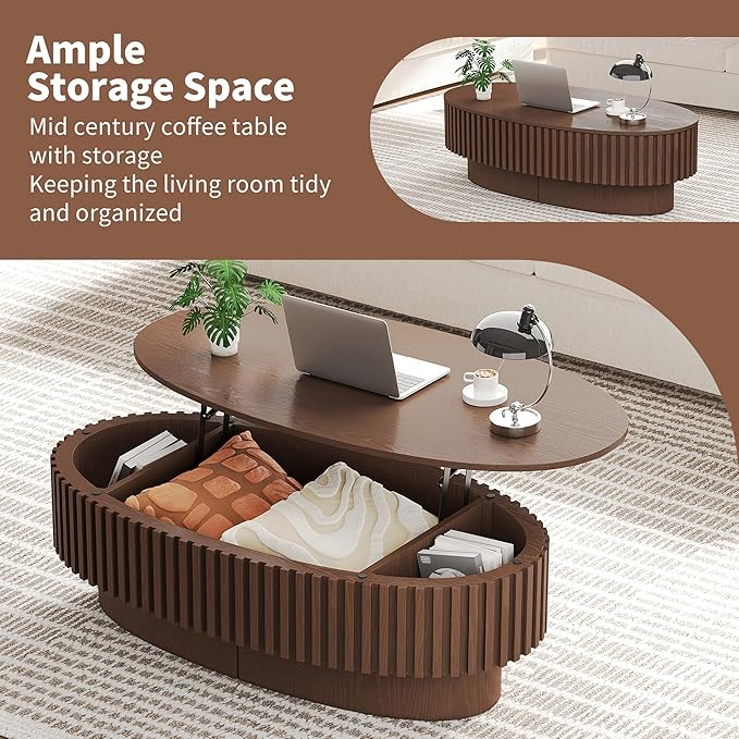 Oval Lift Top Coffee Table with Storage, Mid Century Modern Center Table with Hidden Compartment for Living Room, Lift Tabletop Fluted Wood Dining Table for Home Office - Walnut