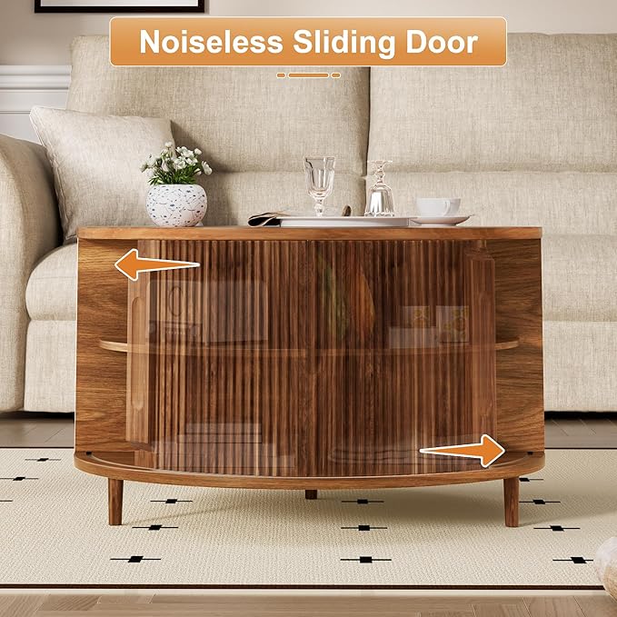 Round Lift Top Coffee Table, 31.5" Fluted Wood Lift Up Center Table with Sliding Door & Hidden Storage – Mid Century Modern Circle Coffee Table for Living Room, Home Office, Apartment (Walnut)