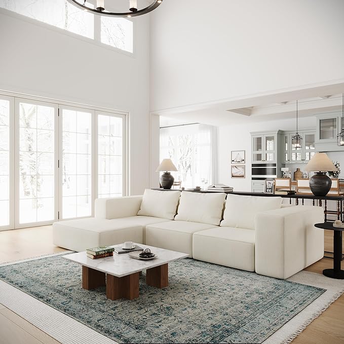 Acanva Oversized Modular Sectional Sofa with Removable Washable Slipcovers, Modern Low Profile Deep Seat Couch for Living Room, Linen-Like-Cream, 3 Armless Chairs & 3 Armrests/Ottomans