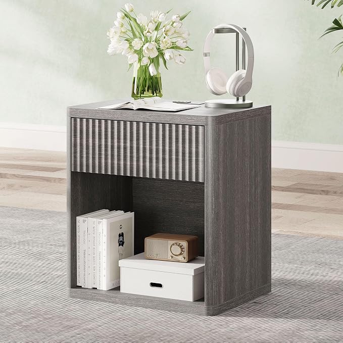 Fluted Nightstand with Drawer Bed Side Table Wide End Table Modern Night Stands with Large Storage Charging Station Mid Century for Bedroom Living Room Office,Gray - Image 9