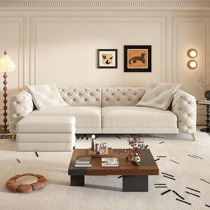 Ball & Cast 3-in-1 Convertible Sleeper Sofa with Movable Ottoman,97.7" Velvet Pull Out Sofa Bed, Modern Button Tufted 4-Seater Sofa Couch with Deep Seat for Living Room, Apartment,Office,Beige
